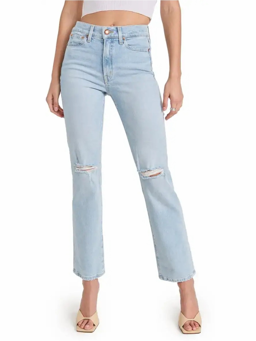 AYR Women’s The Sugar Straight Leg Jeans Distressed High Rise in Light Wash 27